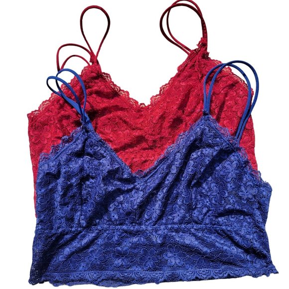 Bralette Lace Floral Spaghetti Straps V Neck Two Blue Red Womans Size Medium - Picture 5 of 13